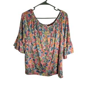Stella Parker Floral Bell Sleeve Top Womens Large Pink Blue Tropical Excellent
